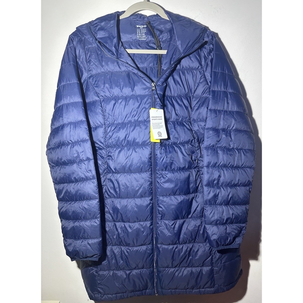 Blue Packable Puffer Jacket Hooded Super Lightweight Women's Medium w/ bag NWT‎